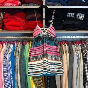 Hollywould pink/blue/black/white print spaghetti strap mini dress size XS